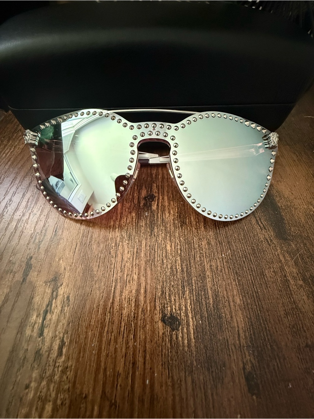 Versace Iridescent Silver Studded Shield Sunglasses